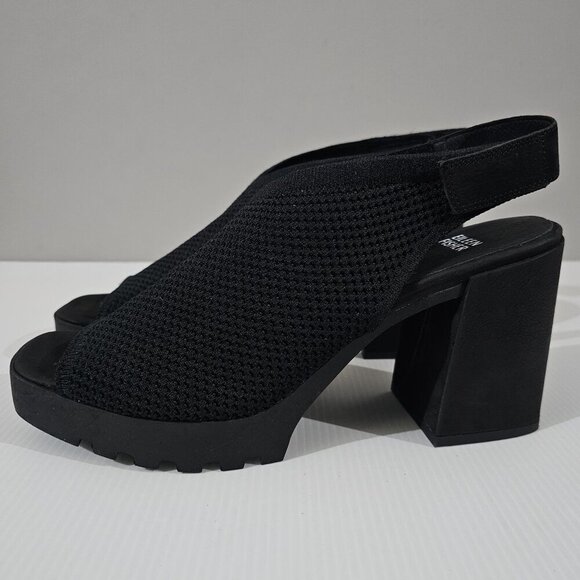 NEW Eileen Fisher Cue Sandal 11 Black Stretch Knit Slingback Chunky Platform - Picture 1 of 13